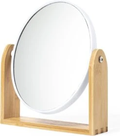 Merkloos Make-up Spiegel - Tafelspiegel - Op Standaard - Rond - Compact - Dames - Bamboe - Beige