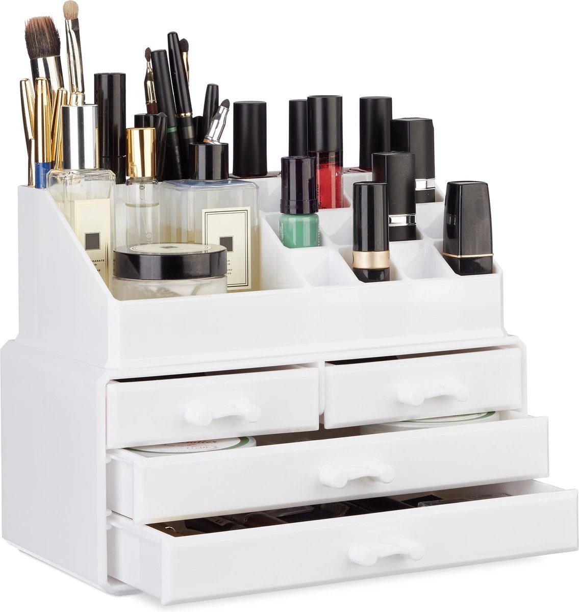 A&K 2in1 Make-up Organizer - 4 Lades Cosmetica Opbergdoos - Kaptafel - Wit 1 A&K 2in1 Make-up Organizer - 4 Lades Cosmetica Opbergdoos - Kaptafel - Wit