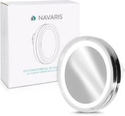 Navaris LED Make-up Spiegel - Vergrotende Cosmeticaspiegel - 360° Draaibaar - 5x Vergroting - Met Zuignap - Badkamerspiegel - Reisspiegel - Zilver -Cosmeticawinkel 1200x1112 3