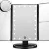 UNIQ Trifold Make Up Spiegel Met LED Verlichting En 2 Vergrootspiegels - Staande Spiegel - 21 LED-lampjes - Op Batterijen En USB (kabel Incl) - Zwart