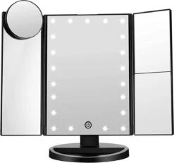 UNIQ Trifold Make Up Spiegel Met LED Verlichting En 2 Vergrootspiegels - Staande Spiegel - 21 LED-lampjes - Op Batterijen En USB (kabel Incl) - Zwart