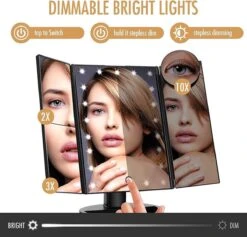 UNIQ Trifold Make Up Spiegel Met LED Verlichting En 2 Vergrootspiegels - Staande Spiegel - 21 LED-lampjes - Op Batterijen En USB (kabel Incl) - Zwart -Cosmeticawinkel 1200x1153 3