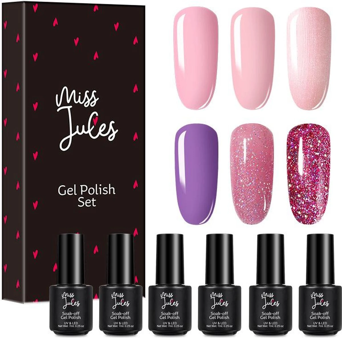 Miss Jules - 6-Delige Gellak Starterspakket - Nagellak - Kleur Paars, Roze & Glitter - Glanzend & Dekkend Resultaat 1 Miss Jules - 6-Delige Gellak Starterspakket - Nagellak - Kleur Paars, Roze & Glitter - Glanzend & Dekkend Resultaat