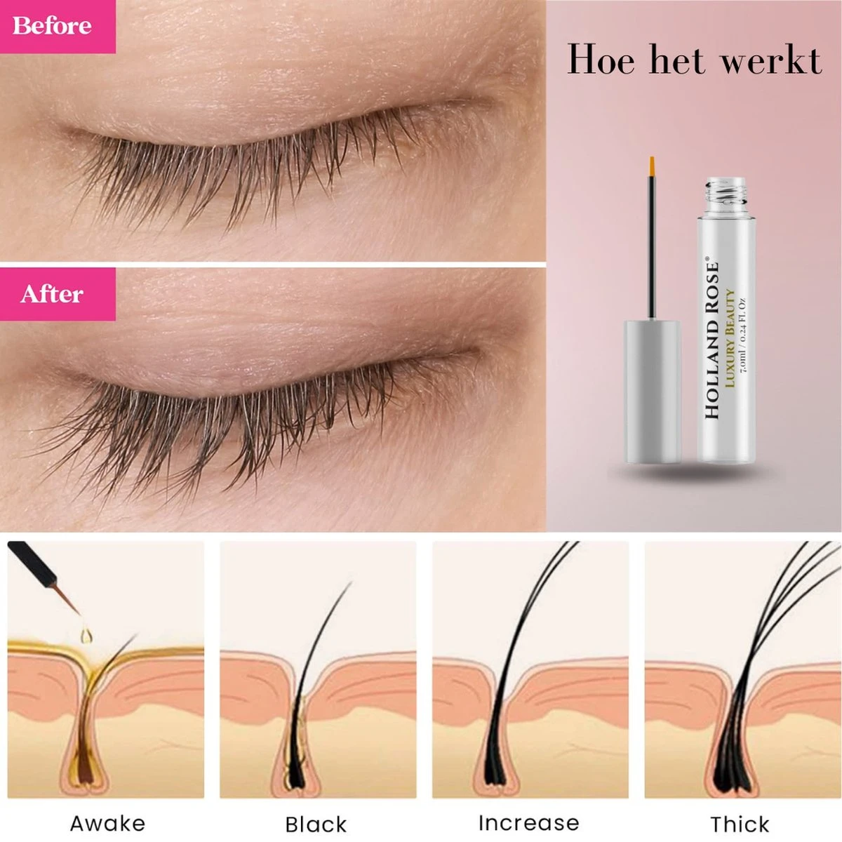 Holland Rose® Luxury Beauty - Wimperserum - Cadeau - Wimper Groeimiddel - Lange En Volle Wimpers - Dikke Wimpers - Wimperserum - Wimper Lifting - 7ml 4 Holland Rose® Luxury Beauty - Wimperserum - Cadeau - Wimper Groeimiddel - Lange En Volle Wimpers - Dikke Wimpers - Wimperserum - Wimper Lifting - 7ml - Afbeelding 4