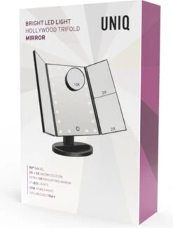 UNIQ Trifold Make Up Spiegel Met LED Verlichting En 2 Vergrootspiegels - Staande Spiegel - 21 LED-lampjes - Op Batterijen En USB (kabel Incl) - Zwart -Cosmeticawinkel 912x1200 3